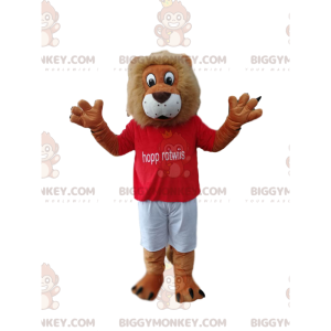 Fun Lion BIGGYMONKEY™ Mascot Costume With Red Supporter Shirt - Lion mascots - BIGGYMONKEY_014075 - BiggyMonkey.com