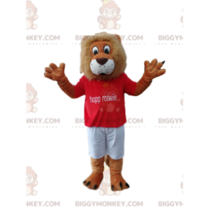 Fun Lion BIGGYMONKEY™ Mascot Costume With Red Supporter Shirt - Lion mascots - BIGGYMONKEY_014075 - BiggyMonkey.com