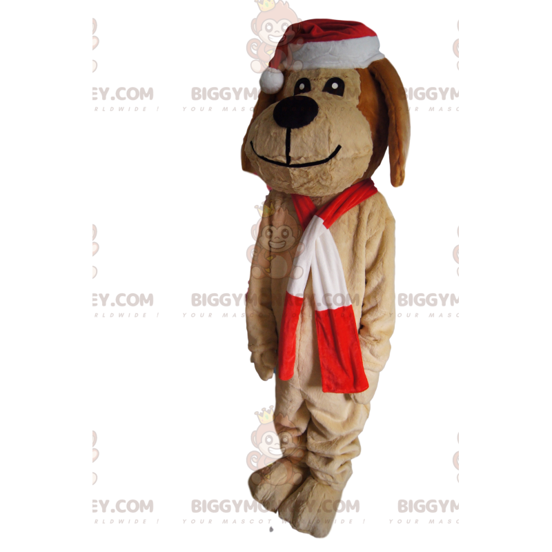 Ruskea koiran BIGGYMONKEY™ maskottiasu jouluhattulla - Ruskea koiran BIGGYMONKEY™ maskottiasu jouluhattulla -