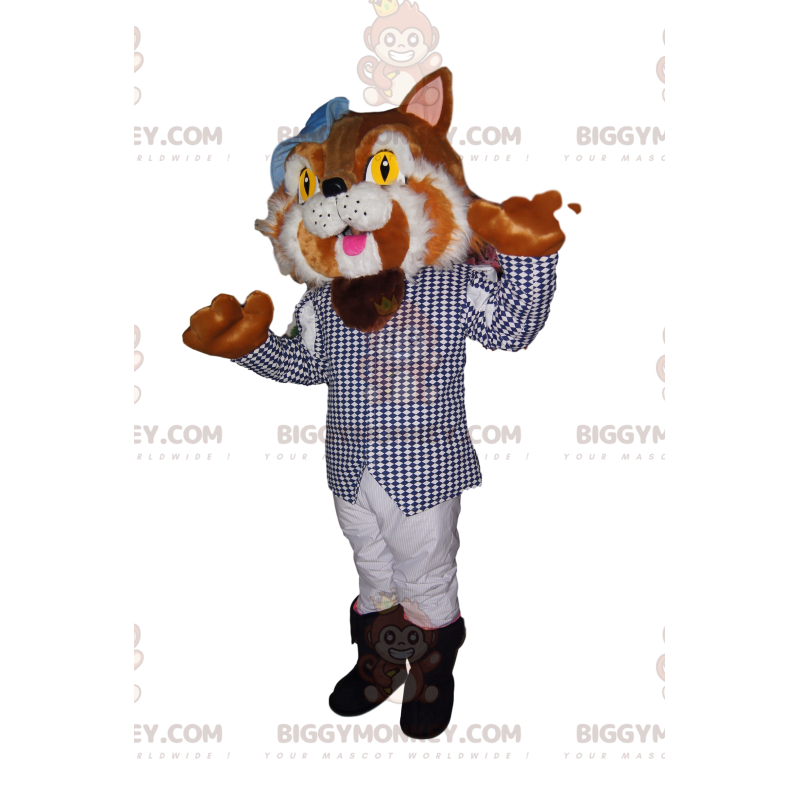 Puss in Boots BIGGYMONKEY™ Mascot Costume with Blue Checkered Puss in Boots BIGGYMONKEY™ Mascot Costume with Blue Checkered