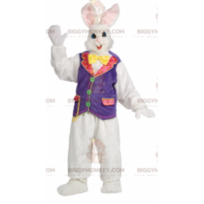 Traje de mascote BIGGYMONKEY™ de lindo coelho branco e rosa com colete de circo - Mascote de coelho - BiggyMonkey.com