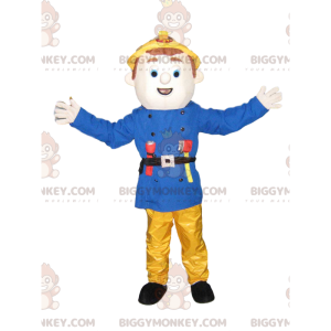 Fireman BIGGYMONKEY™ Mascot Costume with Blue Jacket and Yellow