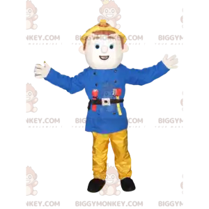Στολή μασκότ Fireman BIGGYMONKEY™ με μπλε σακάκι και κίτρινο