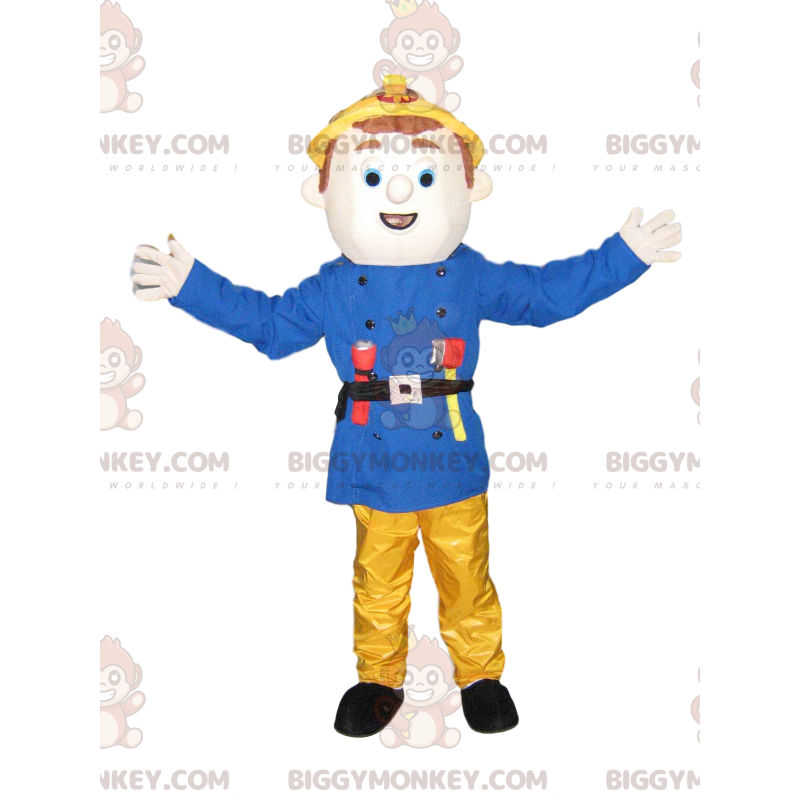 Fireman BIGGYMONKEY™ Mascot Costume with Blue Jacket and Yellow