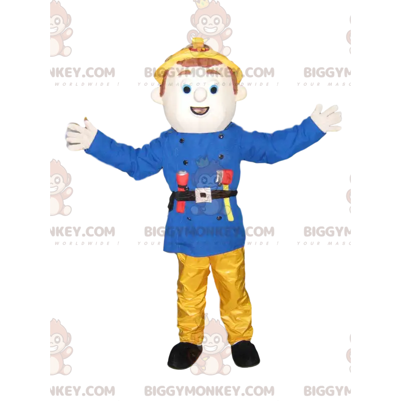 Στολή μασκότ Fireman BIGGYMONKEY™ με μπλε σακάκι και κίτρινο Στολή μασκότ Fireman BIGGYMONKEY™ με μπλε σακάκι και κίτρινο