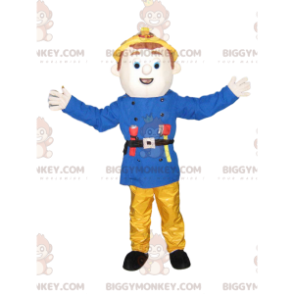 Fireman BIGGYMONKEY™ Mascot Costume with Blue Jacket and Yellow