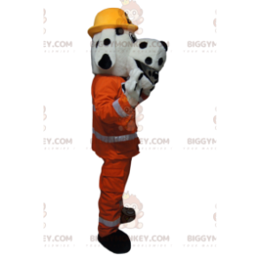 BIGGYMONKEY™ maskotkostume Hvid og sort hund med orange brandmandstøj - Hunde maskoter - BIGGYMONKEY_014099 - BiggyMonkey.com