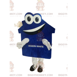 Zeer glimlachend blauw en wit huis BIGGYMONKEY™ mascottekostuum