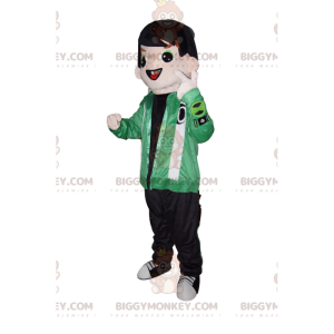 Snygg ung pojke BIGGYMONKEY™ maskotdräkt med grön jacka -