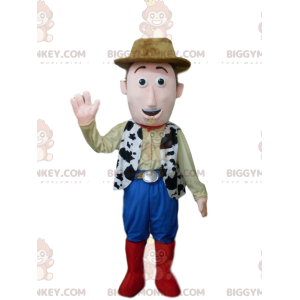 Smiling Cowboy BIGGYMONKEY™ Mascot Costume With Brown Hat -