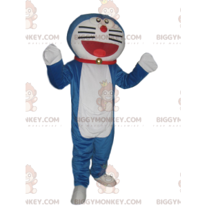 Kostým maskota BIGGYMONKEY™ velmi usměvavé modrobílé kočky s