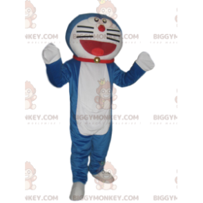 BIGGYMONKEY™ mascottekostuum van een zeer lachende blauw-witte