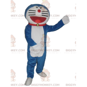 BIGGYMONKEY™ maskottiasu hyvin hymyilevästä sinivalkoisesta kissasta punaisella kauluksella - Kissan maskotit - BiggyMonkey.com