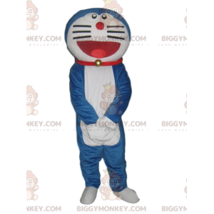 Kostium maskotki BIGGYMONKEY™ bardzo uśmiechniętego niebiesko-białego kota z czerwoną obrożą - BiggyMonkey.com