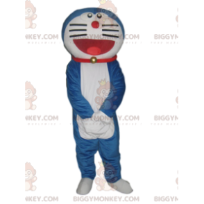 BIGGYMONKEY™ maskottiasu hyvin hymyilevästä sinivalkoisesta kissasta punaisella kauluksella - Kissan maskotit - BiggyMonkey.com