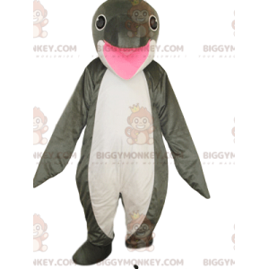 Fantasia de mascote de golfinho branco e cinza super feliz