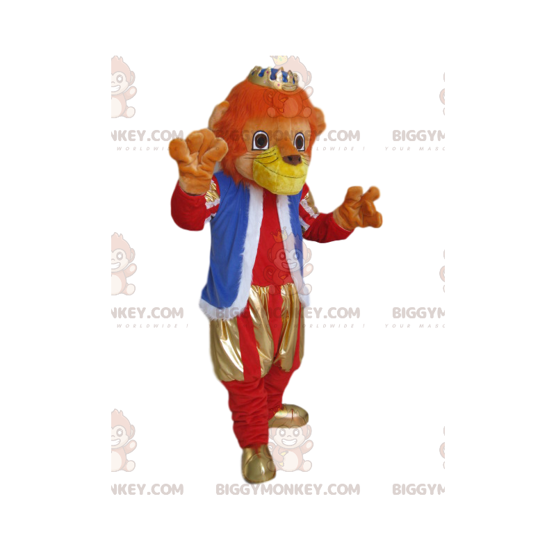 Costume da mascotte Leone BIGGYMONKEY™ con abito e corona d'oro Costume da mascotte Leone BIGGYMONKEY™ con abito e corona d'oro