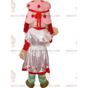 Strawberry Shortcake BIGGYMONKEY™ maskottiasu vaaleanpunaisella mekolla ja hatulla - Hedelmän maskotti - BiggyMonkey.com