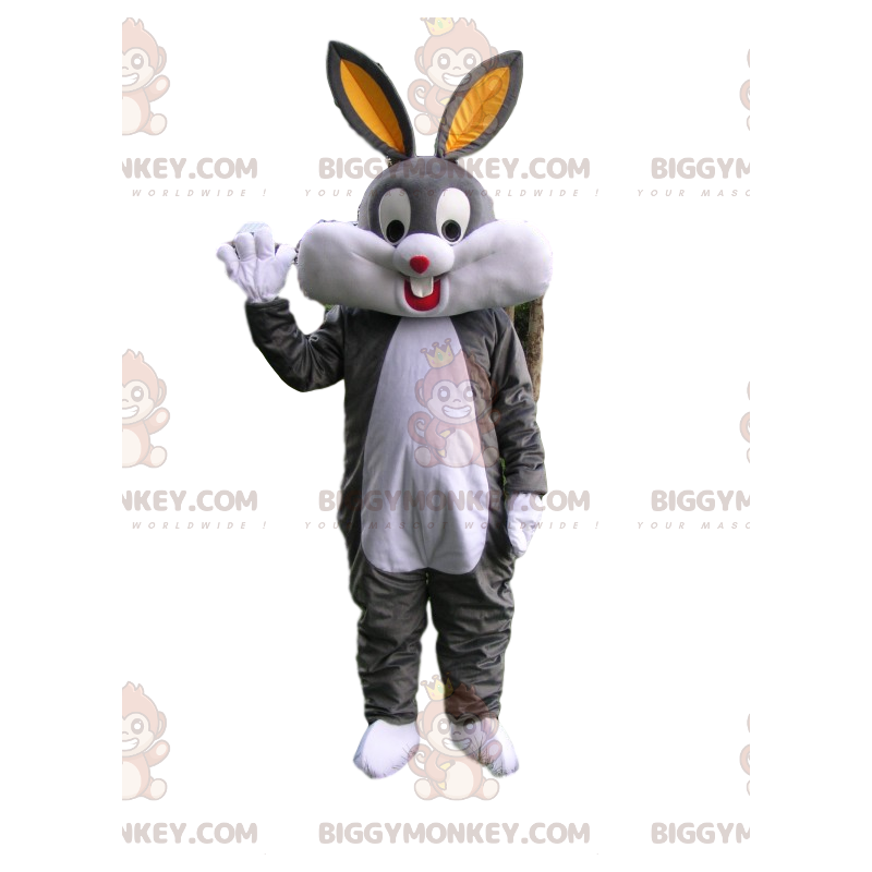 BIGGYMONKEY™ maskottiasu Erittäin iloinen harmaavalkoinen kani BIGGYMONKEY™ maskottiasu Erittäin iloinen harmaavalkoinen kani