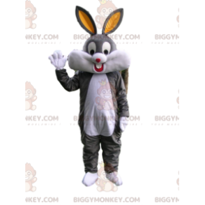 Traje de mascote BIGGYMONKEY™ Coelho cinza e branco muito feliz