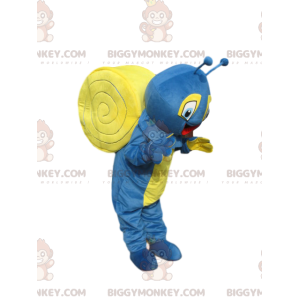 Erg blij blauw en geel slak BIGGYMONKEY™ mascottekostuum -