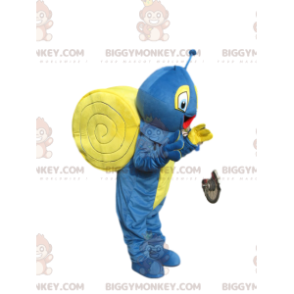 Erg blij blauw en geel slak BIGGYMONKEY™ mascottekostuum -