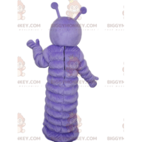 Purple caterpillar BIGGYMONKEY™ mascot costume with a surprised