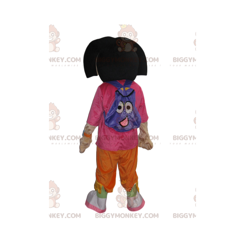 Doras BIGGYMONKEY™ Maskottchenkostüm mit ihrem lustigen lila Doras BIGGYMONKEY™ Maskottchenkostüm mit ihrem lustigen lila