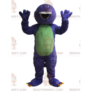 Mascote de dinossauro roxo e verde. Fantasia de Cortar L (175-180CM)