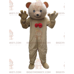 BIGGYMONKEY™ Maskottchenkostüm beiges Bärenjunges mit roter