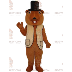 Beaver BIGGYMONKEY™ mascottekostuum met beige vest en zwarte