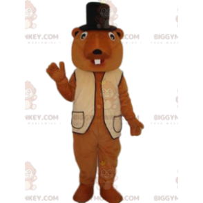 Bäver BIGGYMONKEY™ maskotdräkt med beige väst och svart hatt - Skogsdjur - BIGGYMONKEY_014190 - BiggyMonkey.com