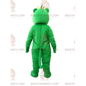 BIGGYMONKEY™ maskottiasu hauskasta pienestä vihreästä ja keltaisesta hirviöstä ja otsatukka päässä - BiggyMonkey.com