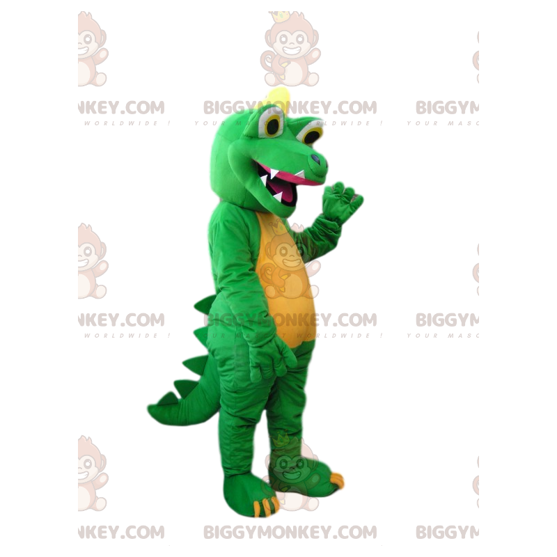 BIGGYMONKEY™ Mascot Costume Green and Yellow Dinosaur with Huge BIGGYMONKEY™ Mascot Costume Green and Yellow Dinosaur with Huge