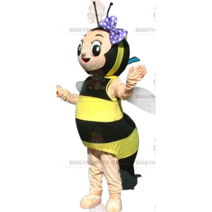Bee BIGGYMONKEY™ Mascot Costume with Purple Polka Dot Bow Tie -