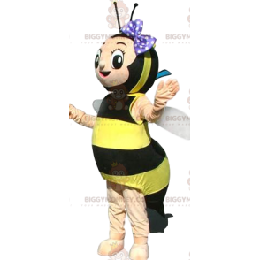 Bee BIGGYMONKEY™ maskottiasu violetilla pilkkurusetilla - Mehiläisten maskotit - BIGGYMONKEY_014203 - BiggyMonkey.com