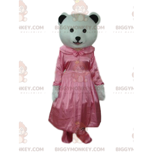 BIGGYMONKEY™ White Bear Mascot Costume With Pink Satin Dress -