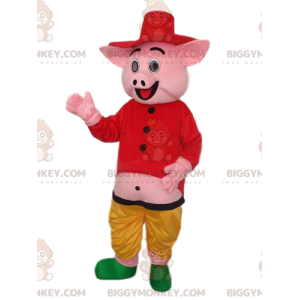 BIGGYMONKEY™ Pink Pig Mascot Costume with Shirt and Straw Hat -
