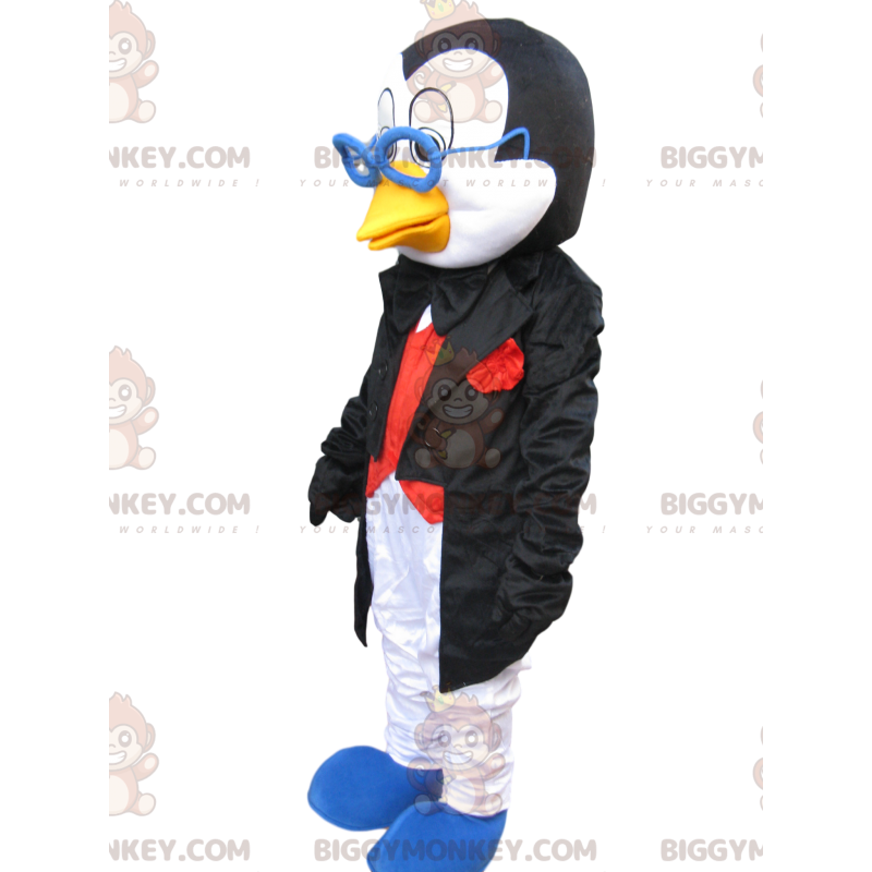 Penguin BIGGYMONKEY™ maskottiasu, jossa on tyylikäs puku ja Penguin BIGGYMONKEY™ maskottiasu, jossa on tyylikäs puku ja