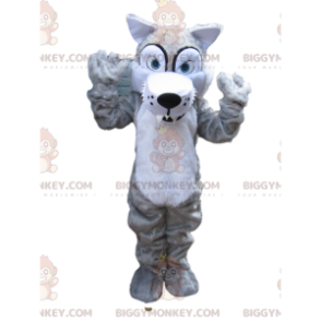 Costume de mascotte BIGGYMONKEY™ de loup gris effrayant avec de grandes dents - Mascottes Loup - BiggyMonkey.com