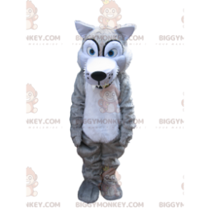 Costume de mascotte BIGGYMONKEY™ de loup gris effrayant avec de grandes dents - Mascottes Loup - BiggyMonkey.com