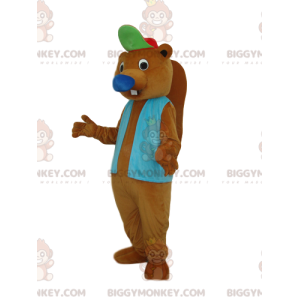 Brown Beaver BIGGYMONKEY™ mascottekostuum met blauwe jas en pet