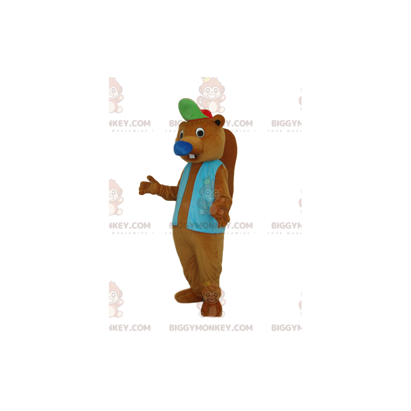 Traje de mascote BIGGYMONKEY™ de castor marrom com jaqueta azul Traje de mascote BIGGYMONKEY™ de castor marrom com jaqueta azul