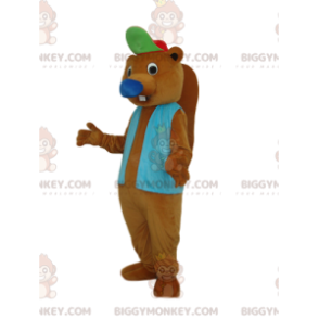 Brun bäver BIGGYMONKEY™ maskotdräkt med blå jacka och keps -