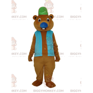 Brown Beaver BIGGYMONKEY™ Mascot Costume with Blue Jacket and