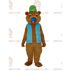 Ruskea Beaver BIGGYMONKEY™ maskottiasu, jossa sininen takki ja