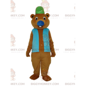 Brun bäver BIGGYMONKEY™ maskotdräkt med blå jacka och keps -