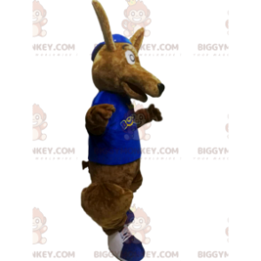 BIGGYMONKEY™ Mascottekostuum Bruine kangoeroe met blauw shirt -