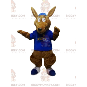 BIGGYMONKEY™ maskotkostume Brun kænguru med blå skjorte - Kangaroo-maskoter - BIGGYMONKEY_014273 - BiggyMonkey.com