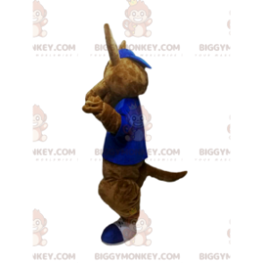 BIGGYMONKEY™ maskotkostume Brun kænguru med blå skjorte - Kangaroo-maskoter - BIGGYMONKEY_014273 - BiggyMonkey.com